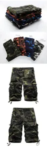 Detail showing multi-pocket camouflage cargo shorts in green, orange, and blue colors