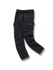 Men's black cargo pants with elastic drawstring waist and multi-pocket design
