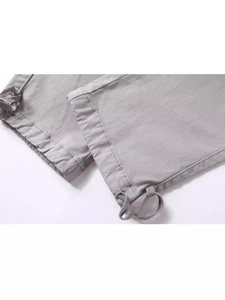 Men's grey stretch casual pants with adjustable drawstring cuffs and double stitching
