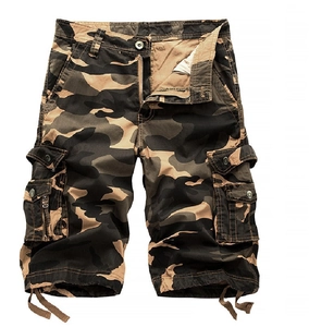 Detailed view of camouflage cargo shorts featuring multi-pockets and drawstring cuffs