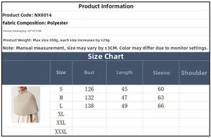 Detailed size guide and garment specifications for the knit turtleneck poncho vest