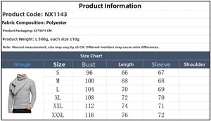 Size chart for slim fit men's knitted sweater with detachable cowl neck details