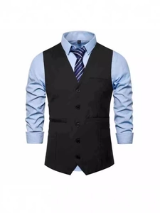 Men's formal black waistcoat vest with light blue shirt and striped tie for business wear