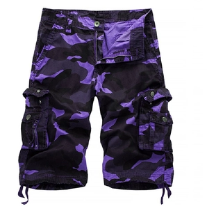 Men's loose casual purple camouflage cargo shorts with multi-pocket design for outdoors