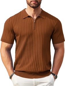 Detailed macro view of brown knit polo shirt texture with functional half-zip collar design