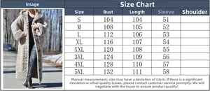Detailed size guide table for the long hooded knit cardigan showing bust and length measures