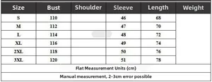 Size chart for color-block knit cardigan ranging from S to 3XL with metric measurements