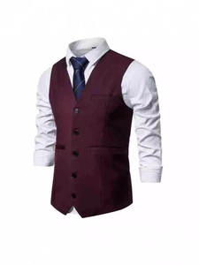 Men's formal burgundy vest with single-breasted five-button design and classic side pockets
