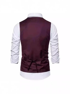 Back view of men's slim fit suit vest in burgundy featuring adjustable rear buckle strap