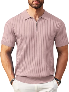 Detail of men's knit polo shirt with zipper collar and vertical ribbed texture in dusty rose