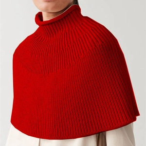 Urban high-neck knitted red shawl cape for women featuring a chunky ribbed knit design