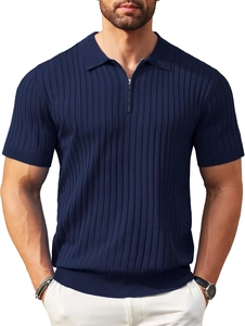 Detail of navy blue knitted polo shirt featuring vertical texture and metal zipper neck