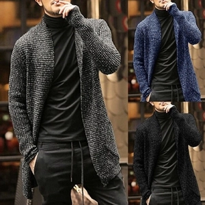Gilet en Grosse Maille pour Hommes Pull à Manches Longues Ouvert sur le Devant Veste en Maille avec Poches Mi-longue Coupe Large