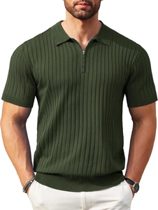 Detail of dark green knit polo shirt featuring a quarter-zip and ribbed texture fabric