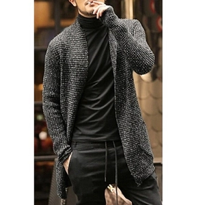 Gilet en maille chiné gris pour hommes avec manches longues et coupe longue ouverte chic