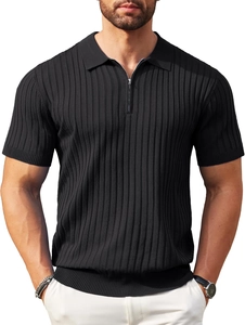 Detail of black men's ribbed knit polo shirt with stylish metal zipper neckline