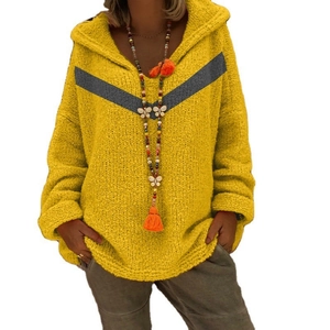 Women's yellow oversized hooded knit sweater with grey V-stripe and relaxed midi fit