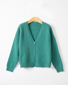 Detailed view of the dark teal V-neck knit cardigan with matching colored buttons