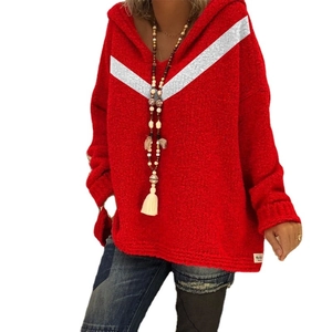 Women's loose hooded knit cardigan in red with white V-stripe and textured fuzzy finish