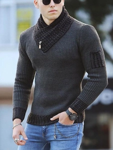 Men's dark grey slim fit knit sweater with unique zipper collar and ribbed texture