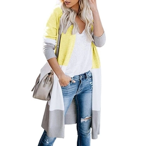 Women's long sleeve color block knit cardigan in yellow, white and grey patchwork