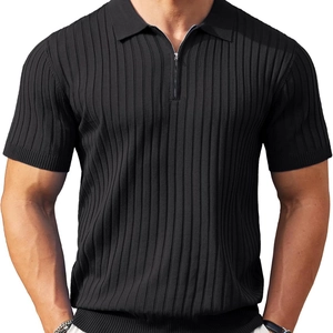 Men's black short sleeve knit polo shirt with quarter zip and vertical stripe texture