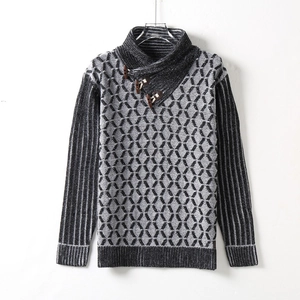 Detail of diagonal collar with wooden horn buttons on diamond pattern sweater