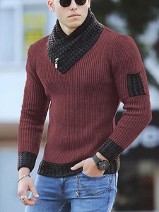 Slim fit burgundy knit sweater for men with a unique shawl collar and zipper detail