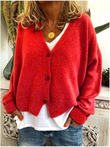 Detail shot of a red V-neck knit cardigan with brown buttons and soft fuzzy texture
