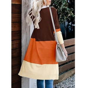 Women's color block striped cardigan in brown and orange knit for autumn fashion