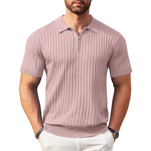 Men's slim fit polo shirt in dusty pink with zipper neck and ribbed knit texture