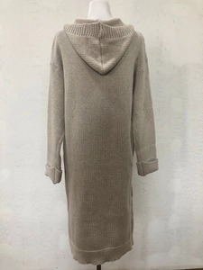 Back view of a long hooded cardigan in oatmeal knit, featuring ribbed texture and cuffs