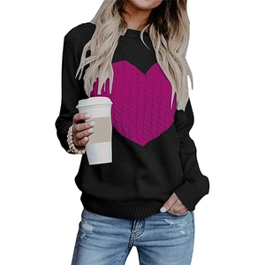 Women's black crewneck knit sweater featuring a prominent purple heart graphic on the chest
