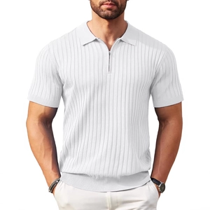 Men's white knit polo shirt with quarter-zip and vertical ribbed texture for summer wear