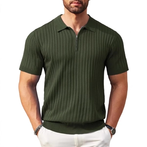 Men's olive green knit polo shirt with vertical texture and silver quarter-zip collar
