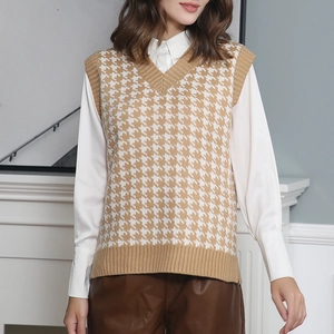 Women Houndstooth Knitted Vest V-Neck Sleeveless Sweater Pullover Vintage Preppy Style Casual Knitwear Waistcoat Top Autumn