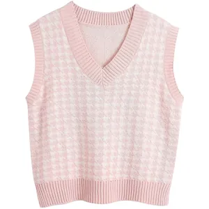 Pink and white checkered V-neck knitted vest sweater with ribbed edges for women