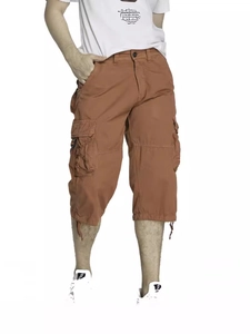 Men's brown loose-fit cargo shorts with multiple flap pockets and adjustable drawstrings