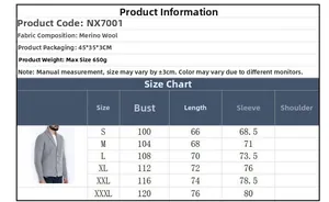 Size chart for men's long sleeve shawl collar knit cardigan sweater with measurements