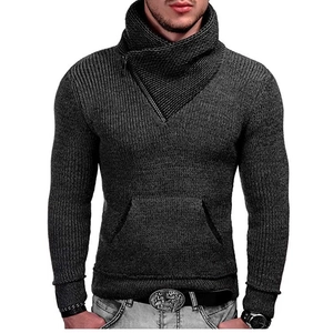 Detail of men's dark grey knit sweater with asymmetrical neck zipper and kangaroo pocket