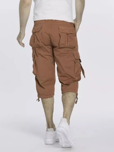 Men's loose brown cargo shorts with large side pockets and drawstring hem back view