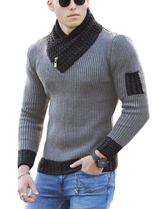Men's slim-fit light gray knitted sweater with black contrast trim and zipper collar