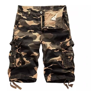 Men's loose cargo camo shorts with multiple pockets and drawstring cuffs on white background