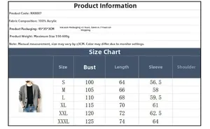 Size chart for men's acrylic knit cardigan with detailed measurements from S to 3XL