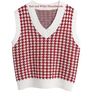 Women's V-neck red and white houndstooth knitted sweater vest with ribbed trim