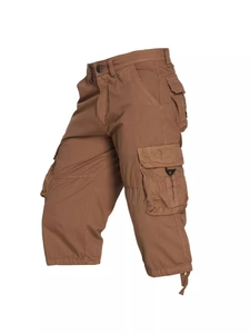 Men's loose cargo shorts in dark khaki with multiple flap pockets and drawstring hem