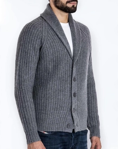 Detail of dark grey rib-knit shawl collar and button closure on men cardigan sweater