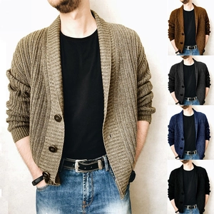 Men's Shawl Collar Cardigan Sweater Coarse Knit Single Breasted Solid Ribbed Long Sleeve Jacket Outwear For Fall Winter
