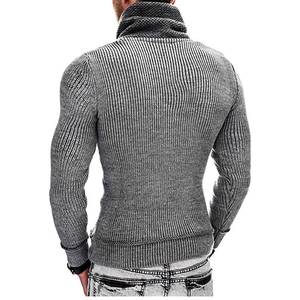 Detail of light grey men's ribbed turtleneck sweater with back view slim fit cut