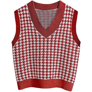 Women's V-neck red and white houndstooth knitted sweater vest with ribbed trim edges